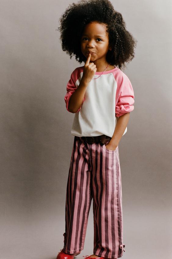STRIPED CULOTTE JEANS WITH BOWS - Dark pink by Zara - Image 0