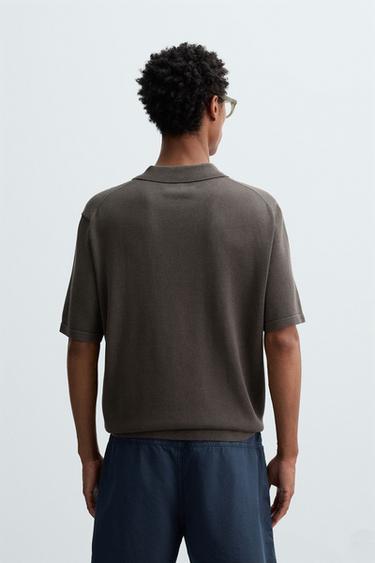 COTTON-BLEND KNIT POLO SHIRT - Black / Brown by Zara - Image 2