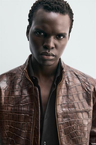 EMBOSSED LEATHER JACKET - Brown by Zara