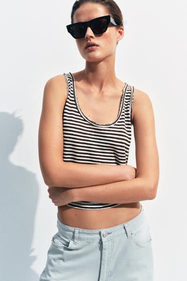 TOP RAYAS ALGODÓN Y LINO - Crudo / Marrón de Zara