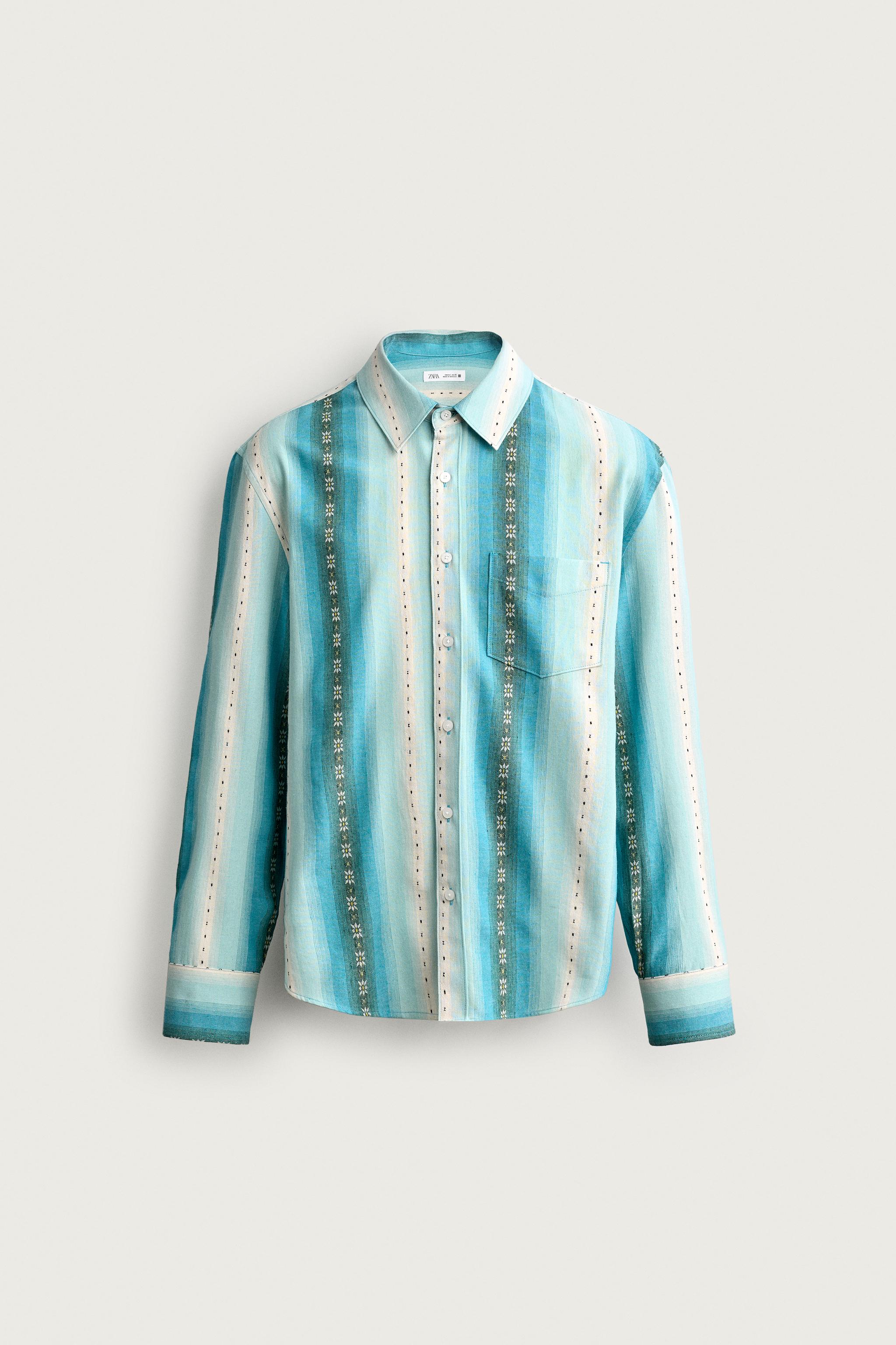 RELAXED FIT STRIPED JACQUARD SHIRT — Blues