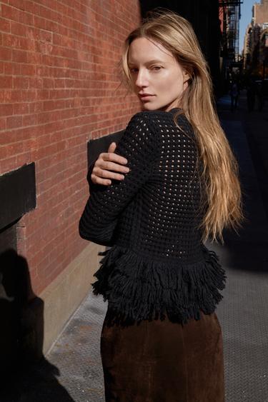 FRINGED PLAID KNIT JUMPER - Navy blue by Zara