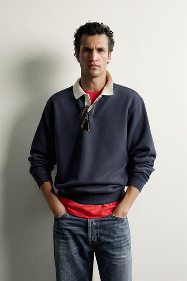 RELAXED FIT STRIPED PIQUÉ POLO SHIRT - Navy blue by Zara