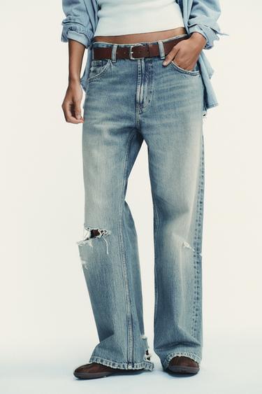TRF RIPPED MID-WAIST BOYFRIEND JEANS - Blue by Zara
