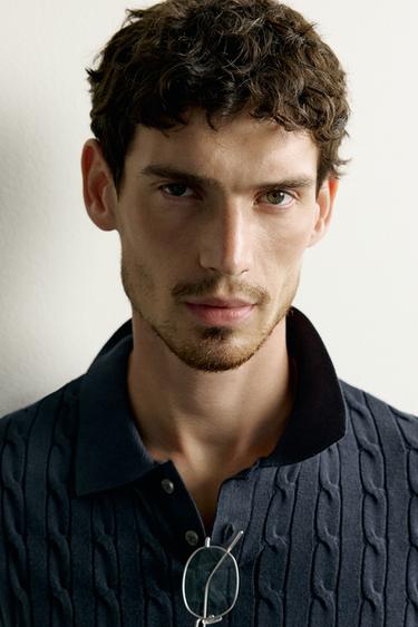 Zara CABLE-KNIT POLO SHIRT - Navy blue