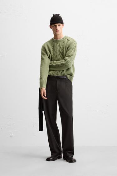 Zara TEXTURED CABLE KNIT SWEATER - Green - Image 0