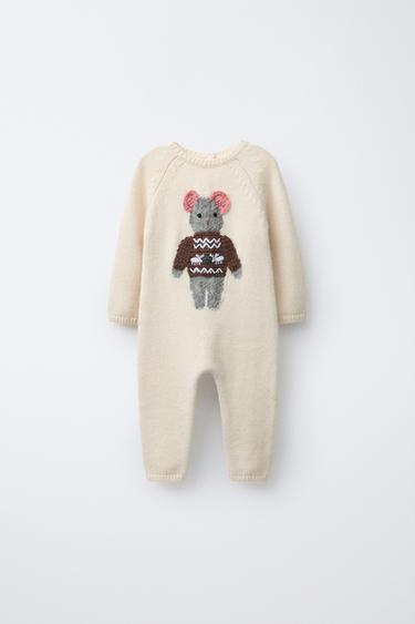 EMBROIDERED MOUSE WOOL BLEND KNIT PLAYSUIT - Mid-ecru by Zara