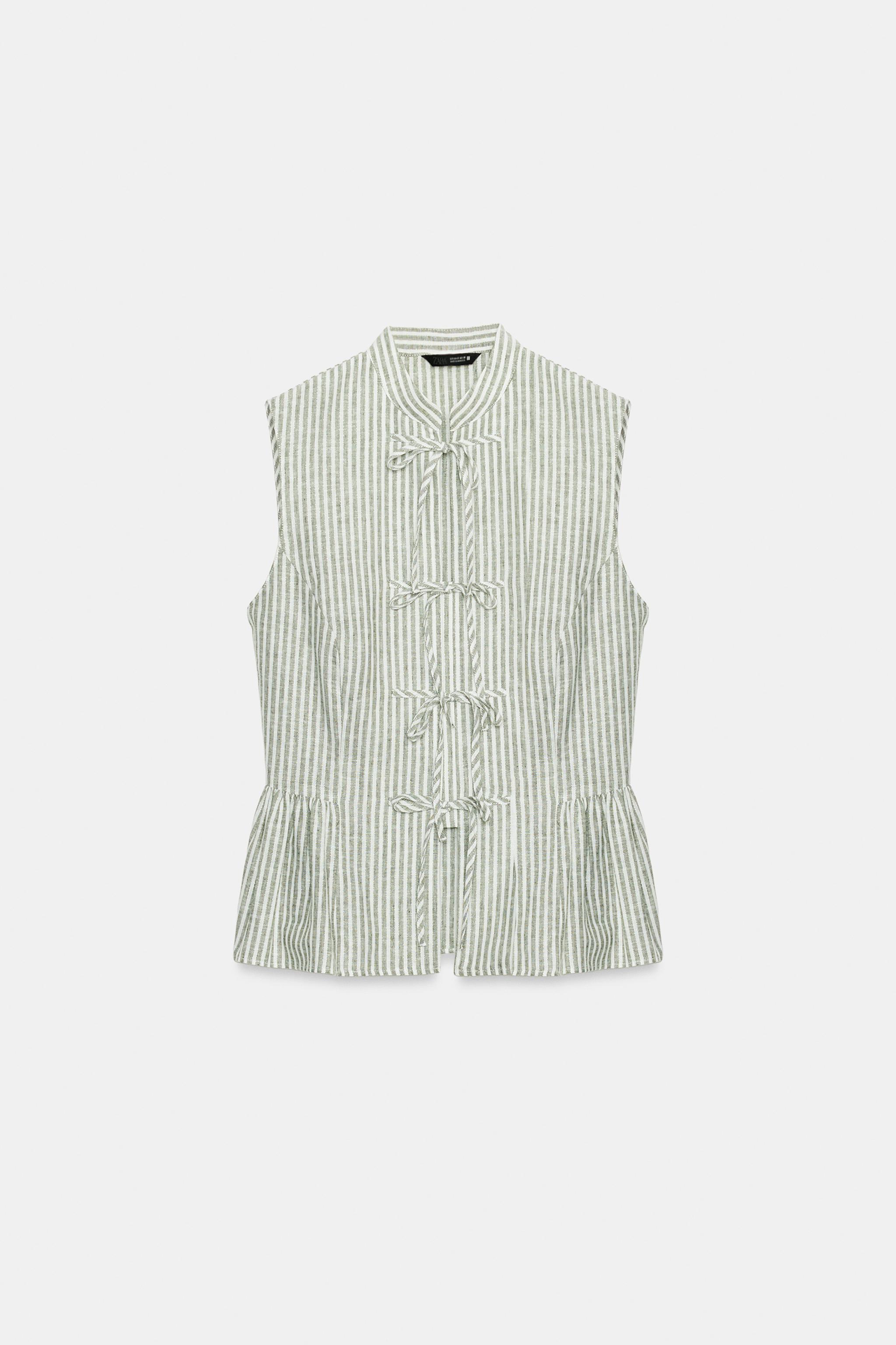 Женские рубашки Zara STRIPED METALLIC THREAD TIE TOP — фото 6