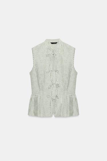 STRIPED TOP WITH METALLIC THREAD BOWS - Green / Ecru by Zara - Image 5