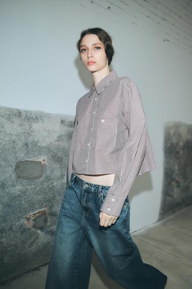 GINGHAM CROP SHIRT - White / Maroon by Zara - Image 0