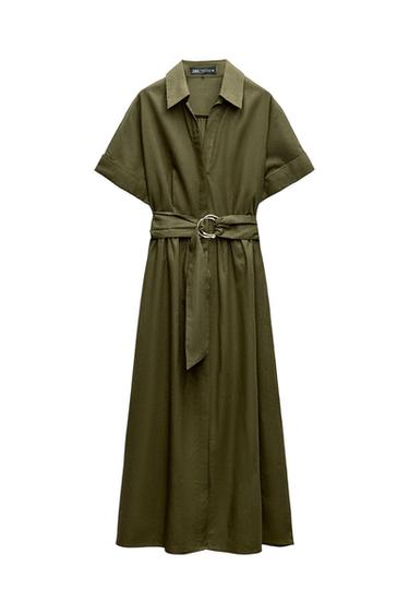 Olive green short-sleeved shirt dress with a lapel collar. Matching belt with buckle. Inner label with the text ZARA.