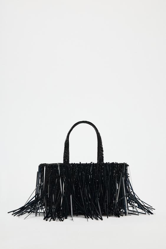ZARA ショルダーバッグ 黒 バンブー 編み込み しぶく かご タッセル