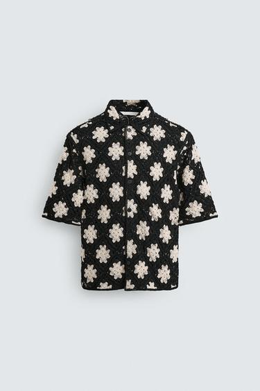 Zara CROCHET TEXTURED SHIRT - Black / White