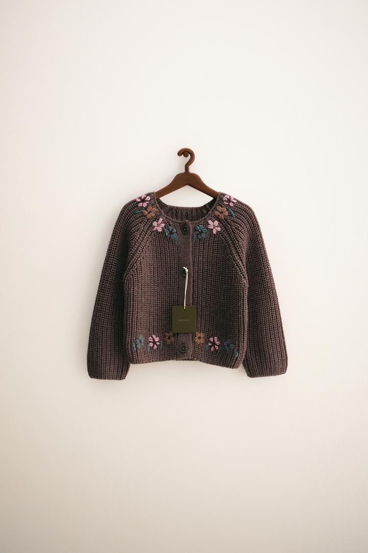ZARA TIMELESS EMBROIDERED FLORAL KNIT CARDIGAN Brown Taupe