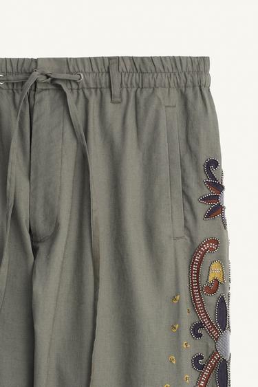 CONTRAST EMBROIDERED LINEN-COTTON TROUSERS - Green / Blue by Zara - Image 6