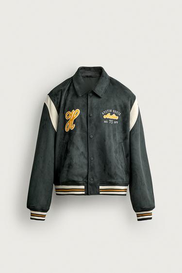 Zara SUEDE-EFFECT PATCH BOMBER JACKET - Green
