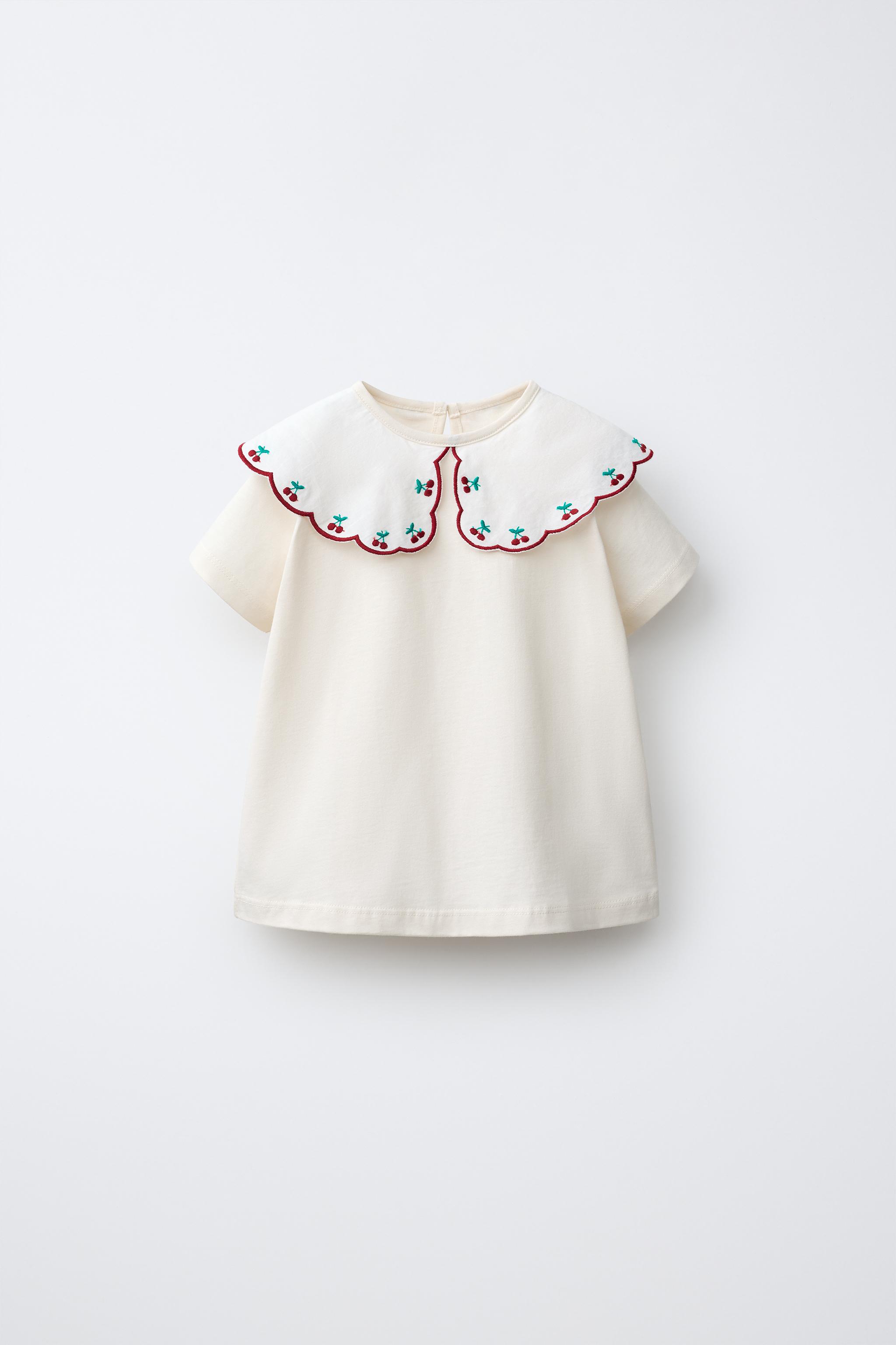 EMBROIDERED CONTRAST COLLAR TOP — Ecru