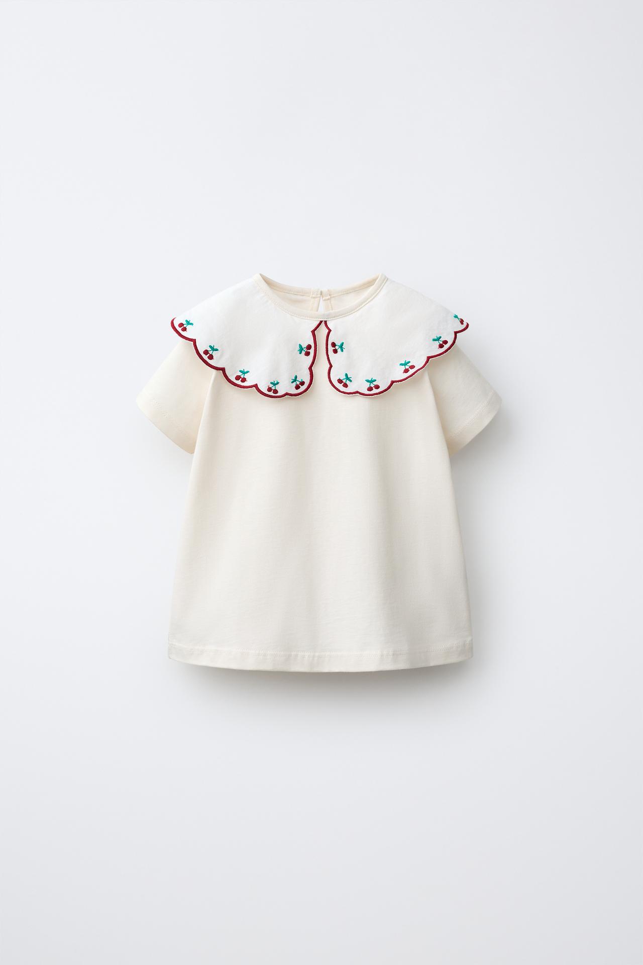 EMBROIDERED CONTRAST COLLAR TOP — Ecru