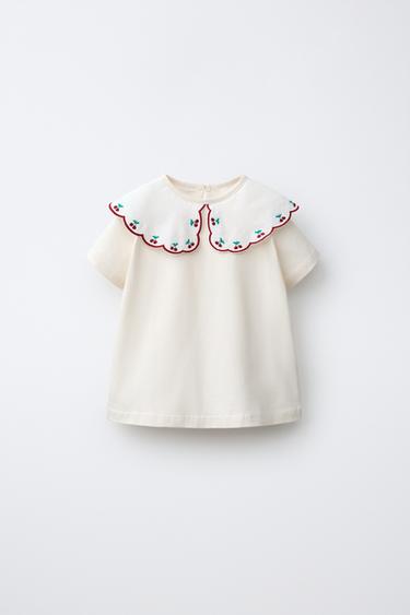 EMBROIDERED CONTRAST COLLAR T-SHIRT - Ecru by Zara