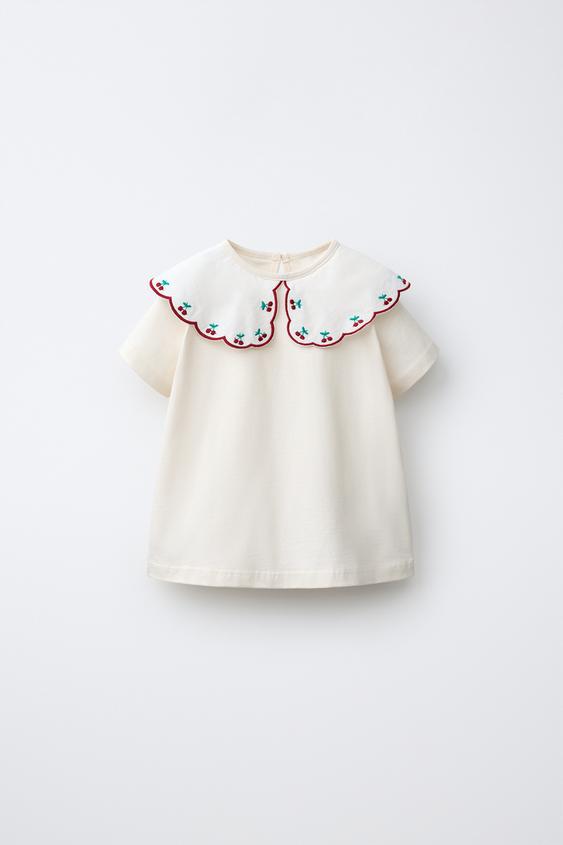 EMBROIDERED CONTRAST COLLAR T-SHIRT - Ecru by Zara - Image 0