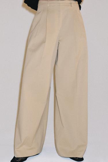 Zara ZW COLLECTION PLEATED WIDE LEG PANTS - Beige