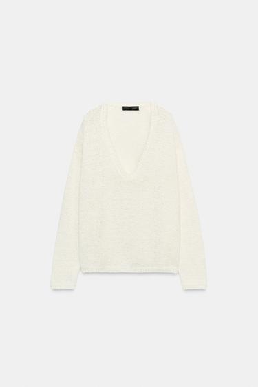 V-NECK KNIT JUMPER - Ecru by Zara