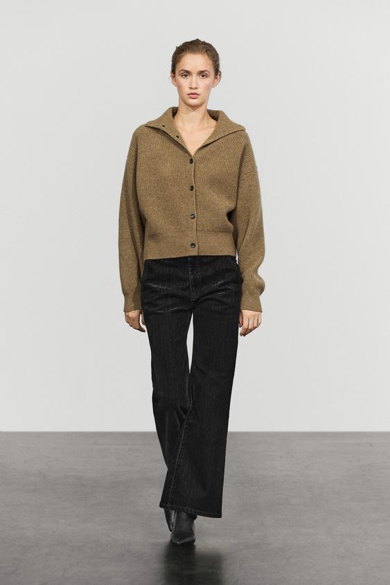 Zara 100% wool purl funnel neck cardigan - Oil - Image 0
