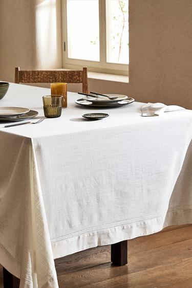 HEMSTITCHED COTTON TABLECLOTH - White by Zara