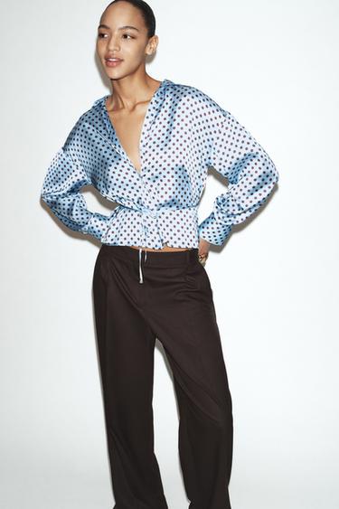 Zara POLKA DOT SATIN EFFECT SHIRT WITH BELT - Brown-Blue