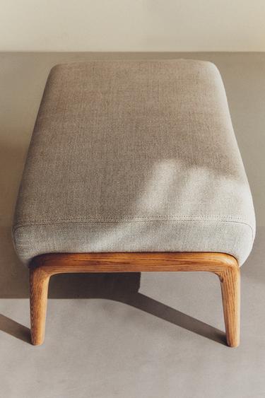 ASH WOOD LINEN FOOTREST STOOL — Light beige 1