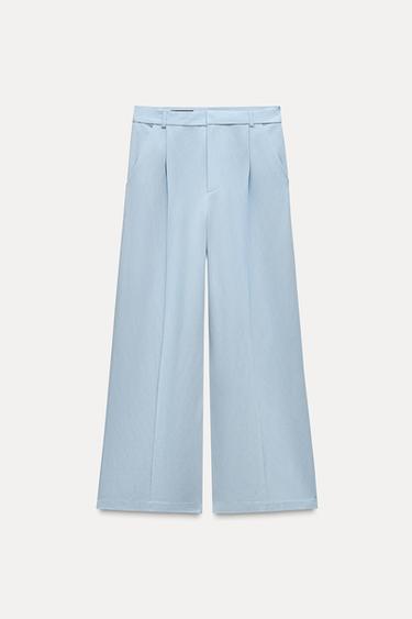 Zara LINEN PLEATED PANTS - Light blue