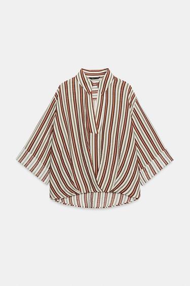 Zara RUFFLED HEM STRIPED SHIRT - Brown / Ecru