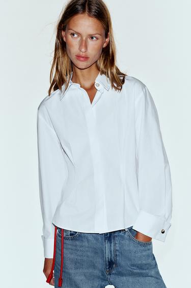 Zara SHIRT WITH DARTS AND TURN-UP CUFFS - White