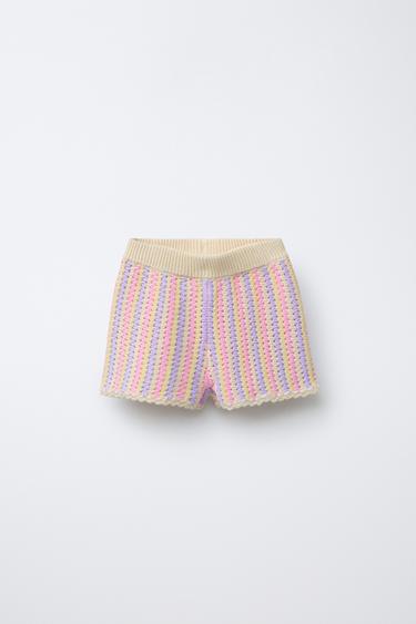 Zara STRIPED KNIT SHORTS - Pastel pink