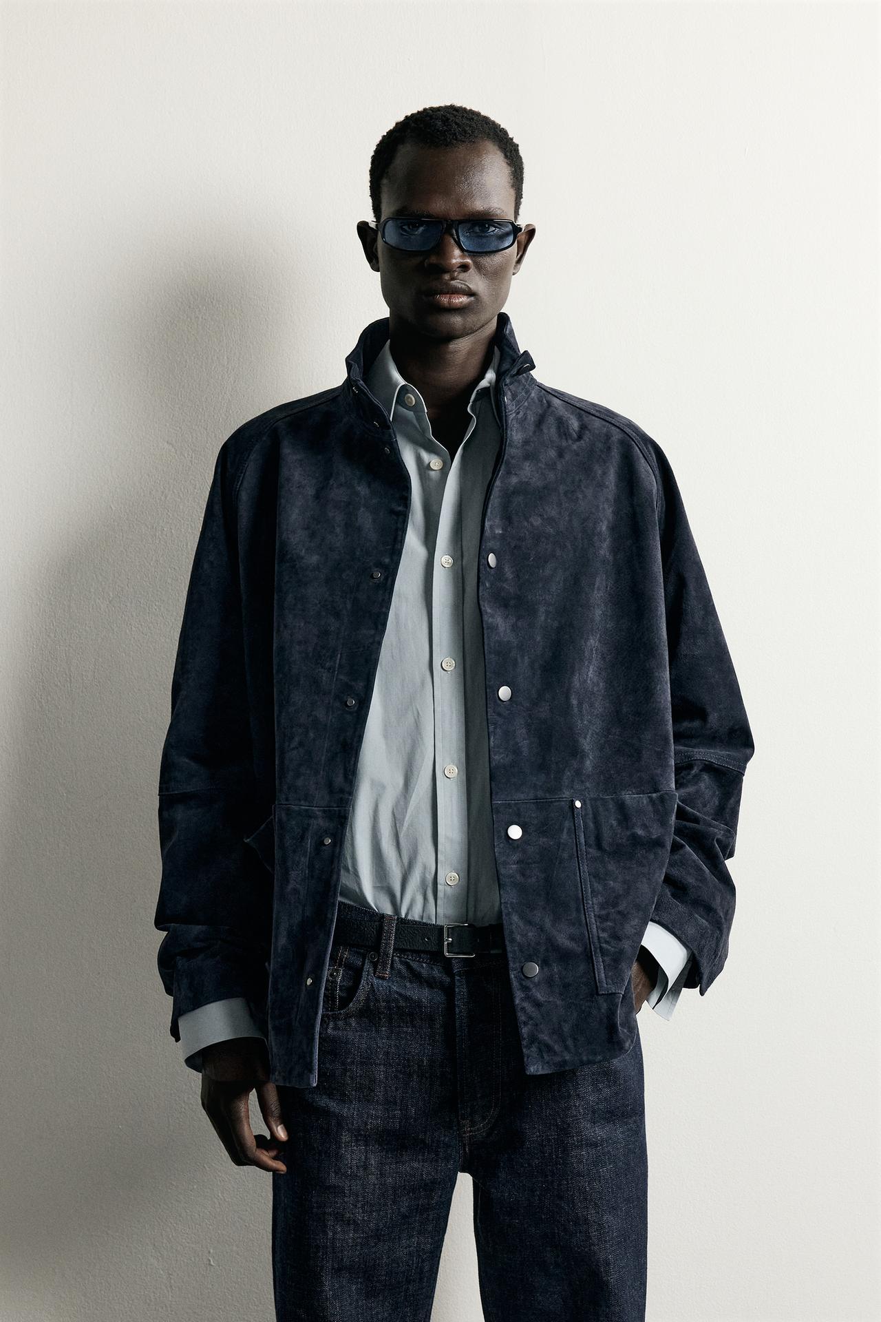 RELAXED-FIT SUEDE LEATHER PARKA — Blue / Gray