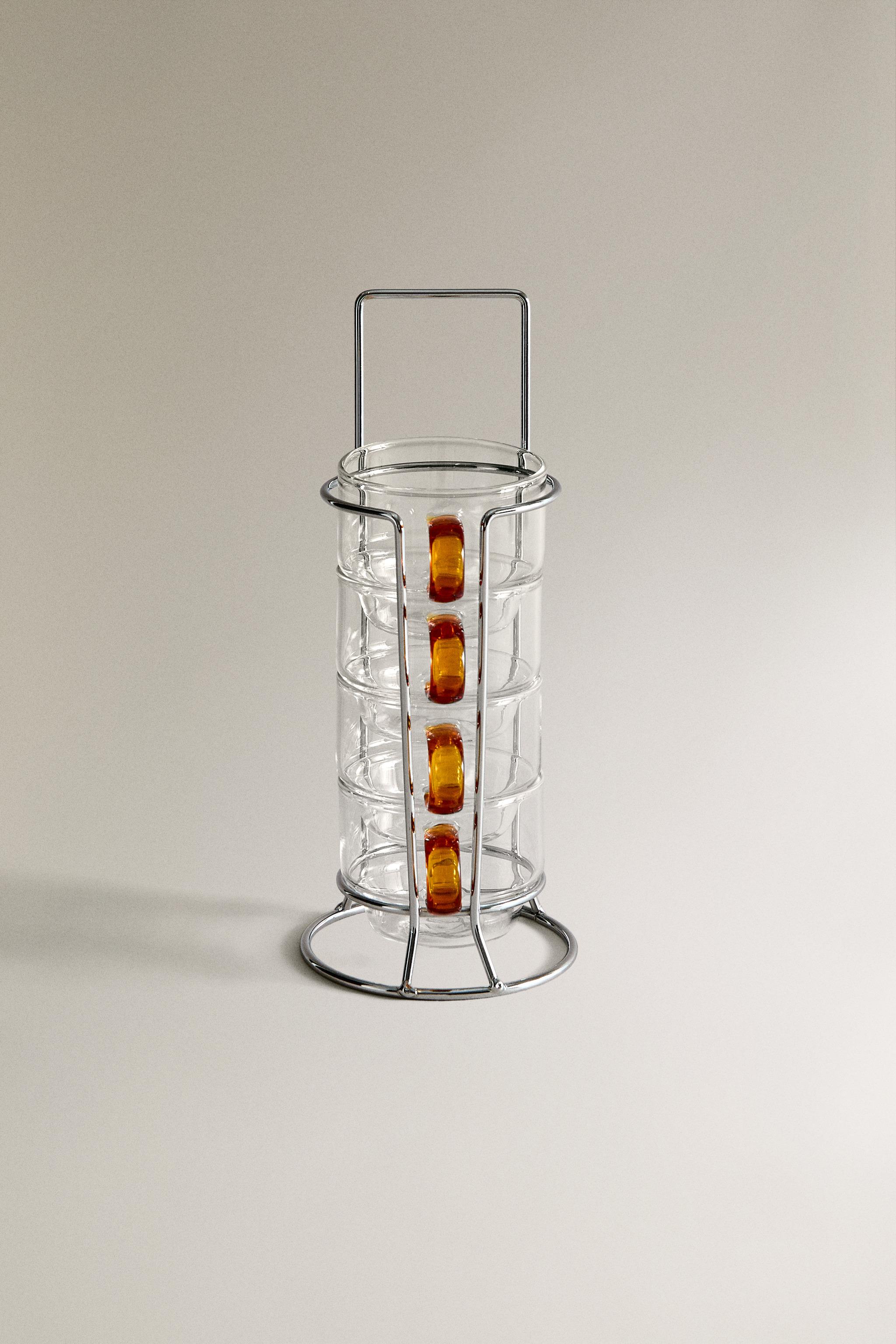 BOROSILICATE GLASS MUG TOWER WITH COLORED HANDLE (SET OF 4)