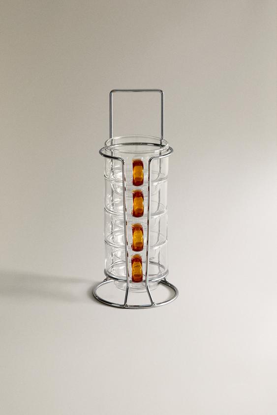 BOROSILICATE GLASS MUG TOWER WITH COLORED HANDLE (SET OF 4)