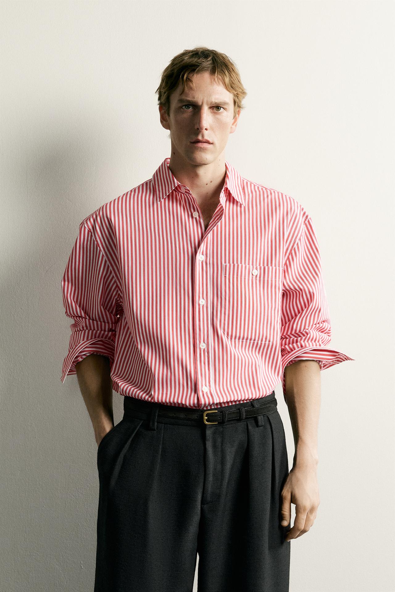 STRIPED BOXY FIT SHIRT — White / Red