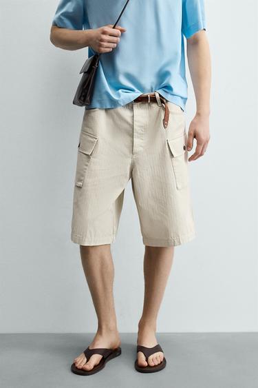 REGULAR FIT HERRINGBONE CARGO BERMUDA SHORTS - Sand by Zara