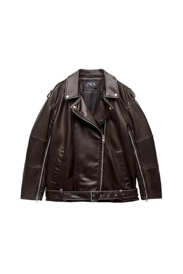 FADED OVERSIZE FAUX LEATHER BIKER JACKET