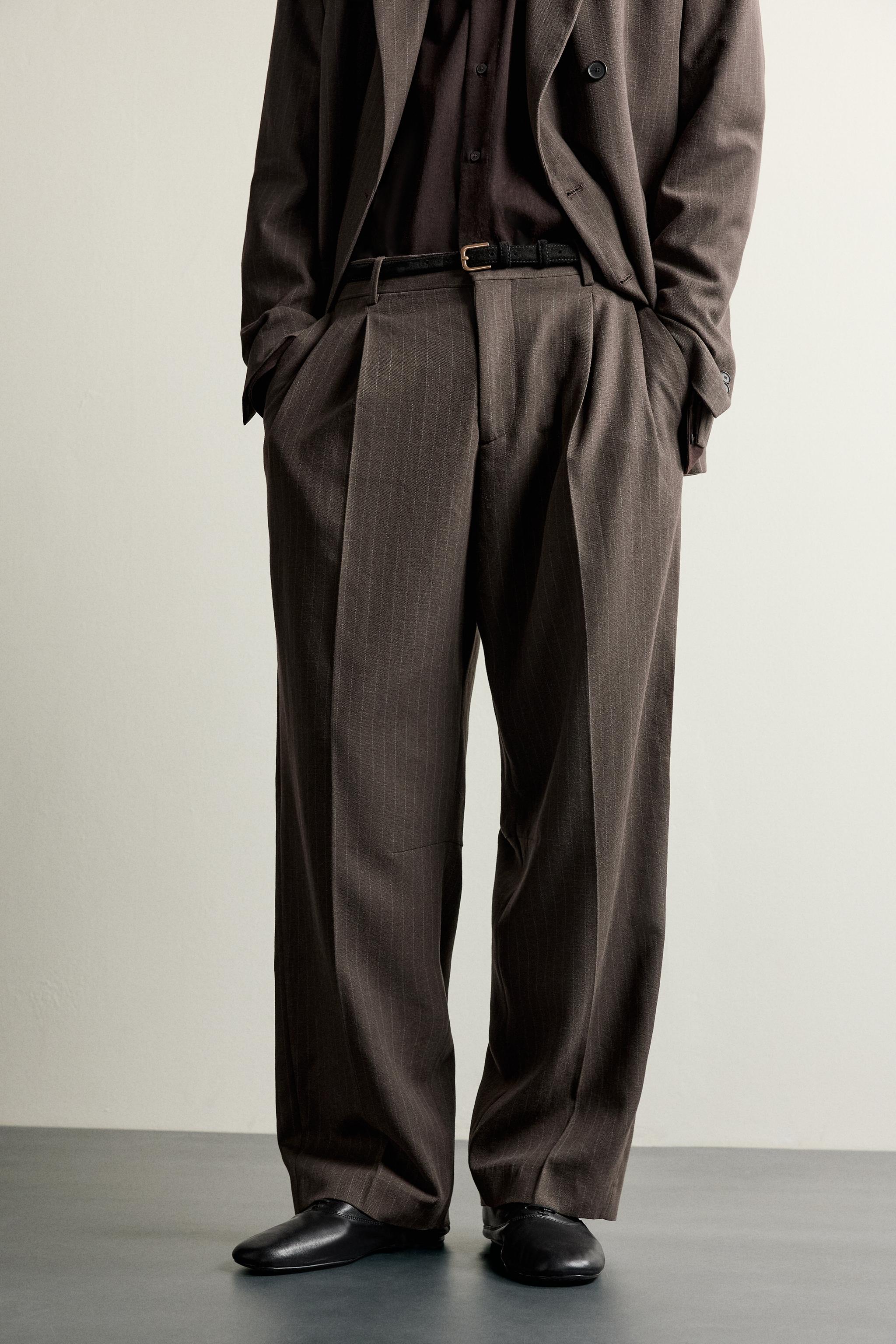 PINSTRIPE PLEATED SUIT PANTS