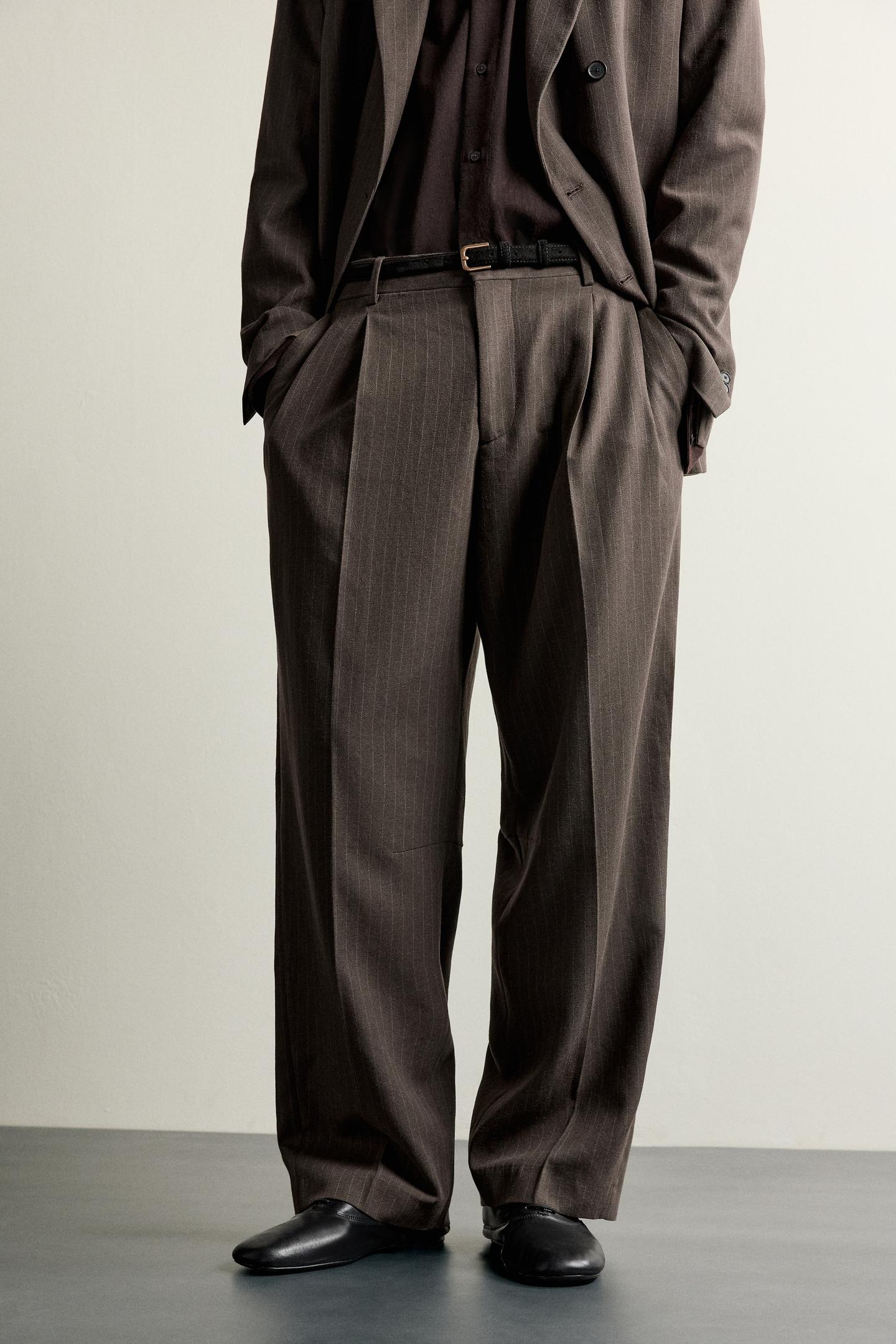Мужские брюки Zara Pinstripe Pleated Suit, цвет: Коричневый — фото 5