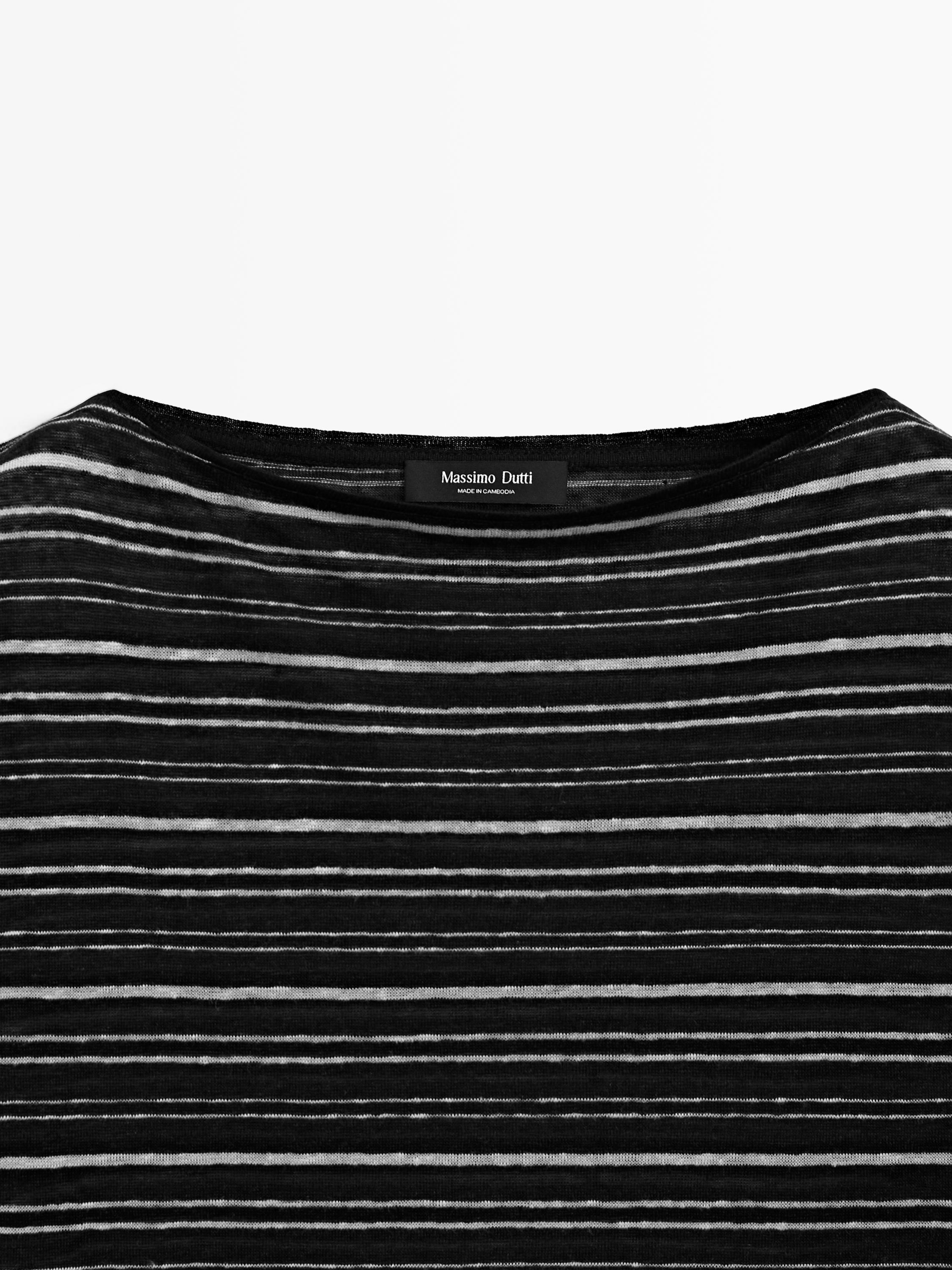 Striped linen 3/4 sleeve knit T-shirt