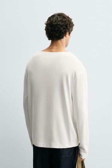 BUTTON-NECK GRID T-SHIRT - Oyster-white by Zara - Image 2