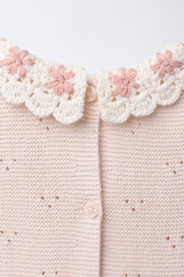 KNIT PLAYSUIT WITH CROCHET COLLAR AND EMBROIDERED FLOWERS - Beige-pink by Zara - Image 3
