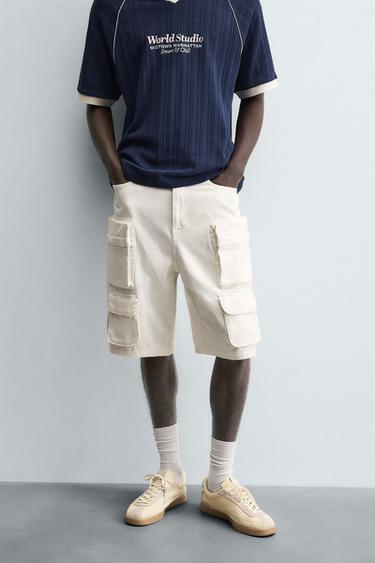 DENIM CARGO BERMUDA SHORTS - Oyster-white by Zara