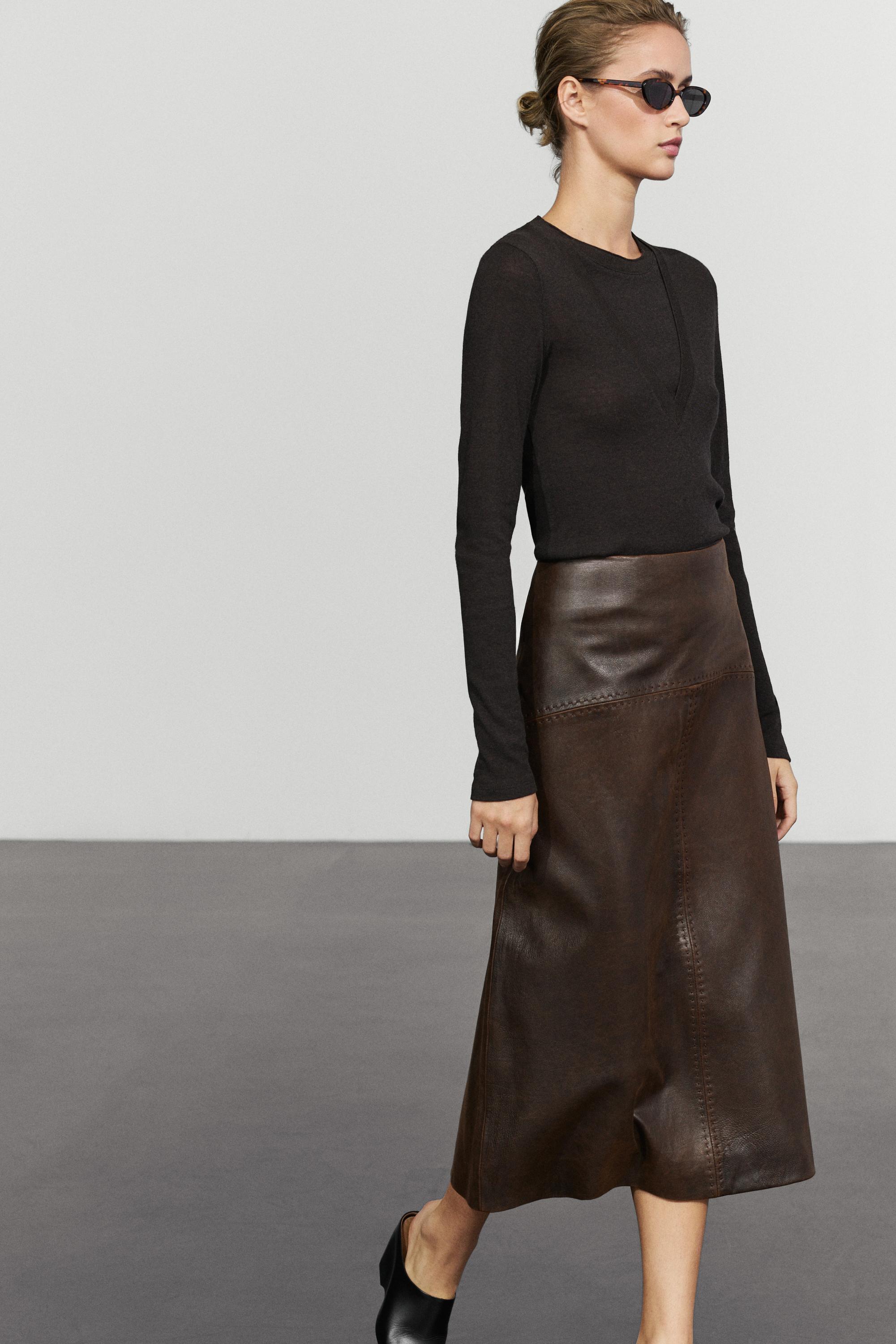 Straight nappa leather midi skirt with seam details