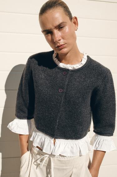 VESTE EN MAILLE BIMATIÈRE POPELINE - Gris foncé de Zara - Image 1