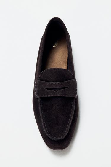 Zara TOPSTITCHED SPLIT SUEDE LOAFERS - Chocolate Brown