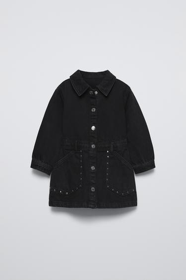 Zara STUDDED DENIM DRESS - Black
